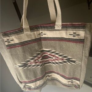 Canvas Patterned Tote Bag in Beige Navy and Red